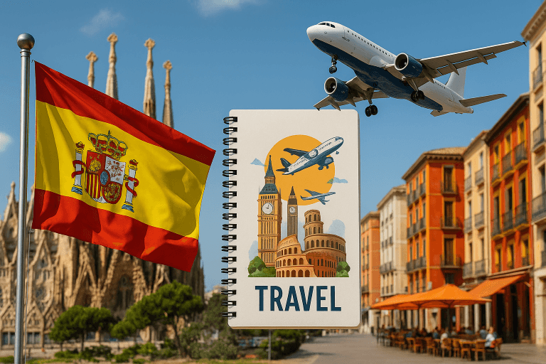 پرچم اسپانیا با پس‌زمینه کلیسای ساگرادا فامیلیا و دفترچه سفر با نمادهای گردشگری اروپا