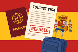 تصویر نمادین رد ویزای شنگن اسپانیا با پاسپورت، مهر ریجکتی و پرچم اسپانیا