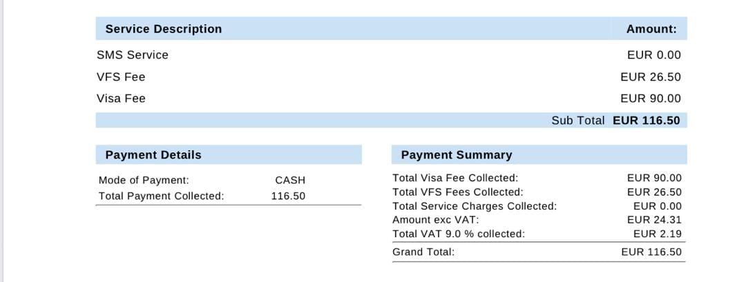 رسید و ریز هزینههای VFS برای صدور ویزای شنگن فرانسه – تجربه واقعی